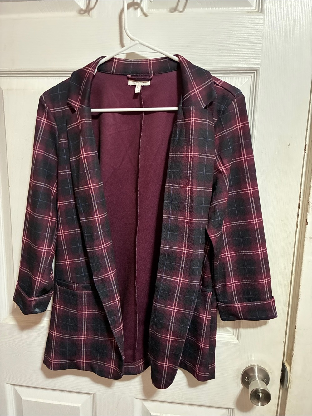 Maurices Burgundy and Black Plaid Open-Front Blazer